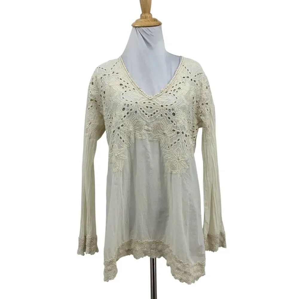 Johnny Was Blouse Womens S Small Ivory Cotton Embroidered Eyelet V Neck Tunic
